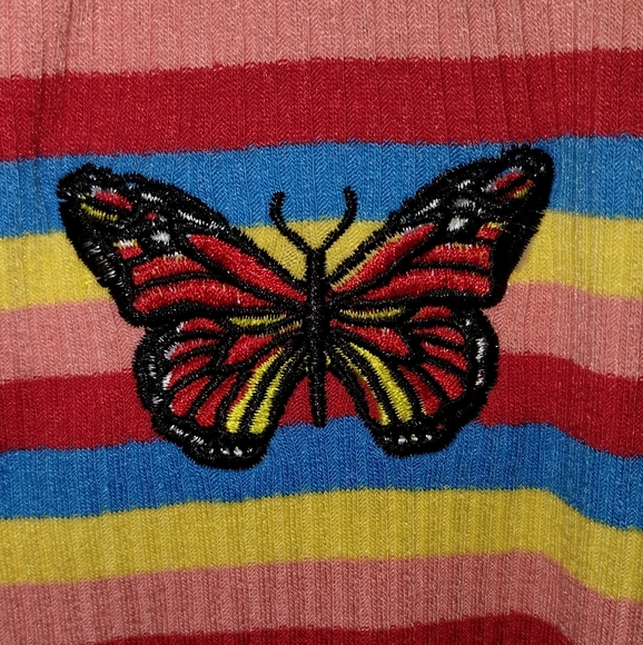 Rainbow Striped Bodycon Short Sleeve Dress with Butterfly Embroidery - Picture 10 of 10